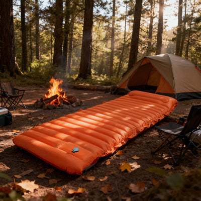 Self-Inflating Camping Mat 10 cm — Foot Pump, Pillow End, 195 × 70 cm, Snaps Into a Double