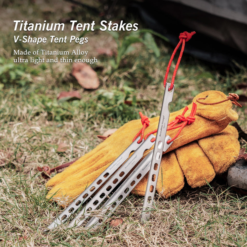 Boundless Voyage Ti4008P Titanium V Tent Stakes — 16.5 cm, About 10 g Each, Packs of 6, 8 or 12