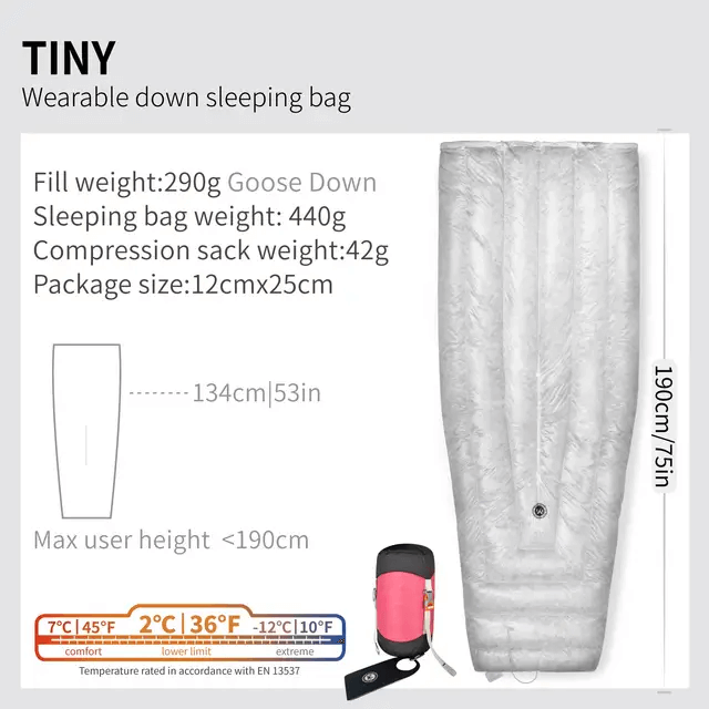 Aegismax Wind Hard Tiny — Wearable 800FP Goose Down Sleeping Bag / Quilt, Rated 2°C, 700 g