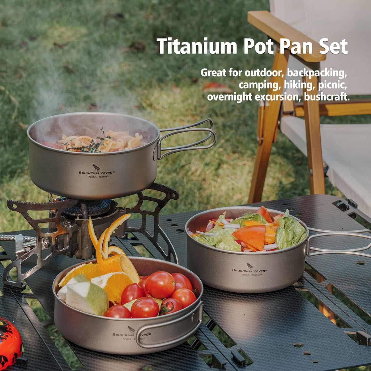 Boundless Voyage Ti2032C Titanium Cook Set — 3 Nesting Pieces, 500/600/700 ml, 245 g