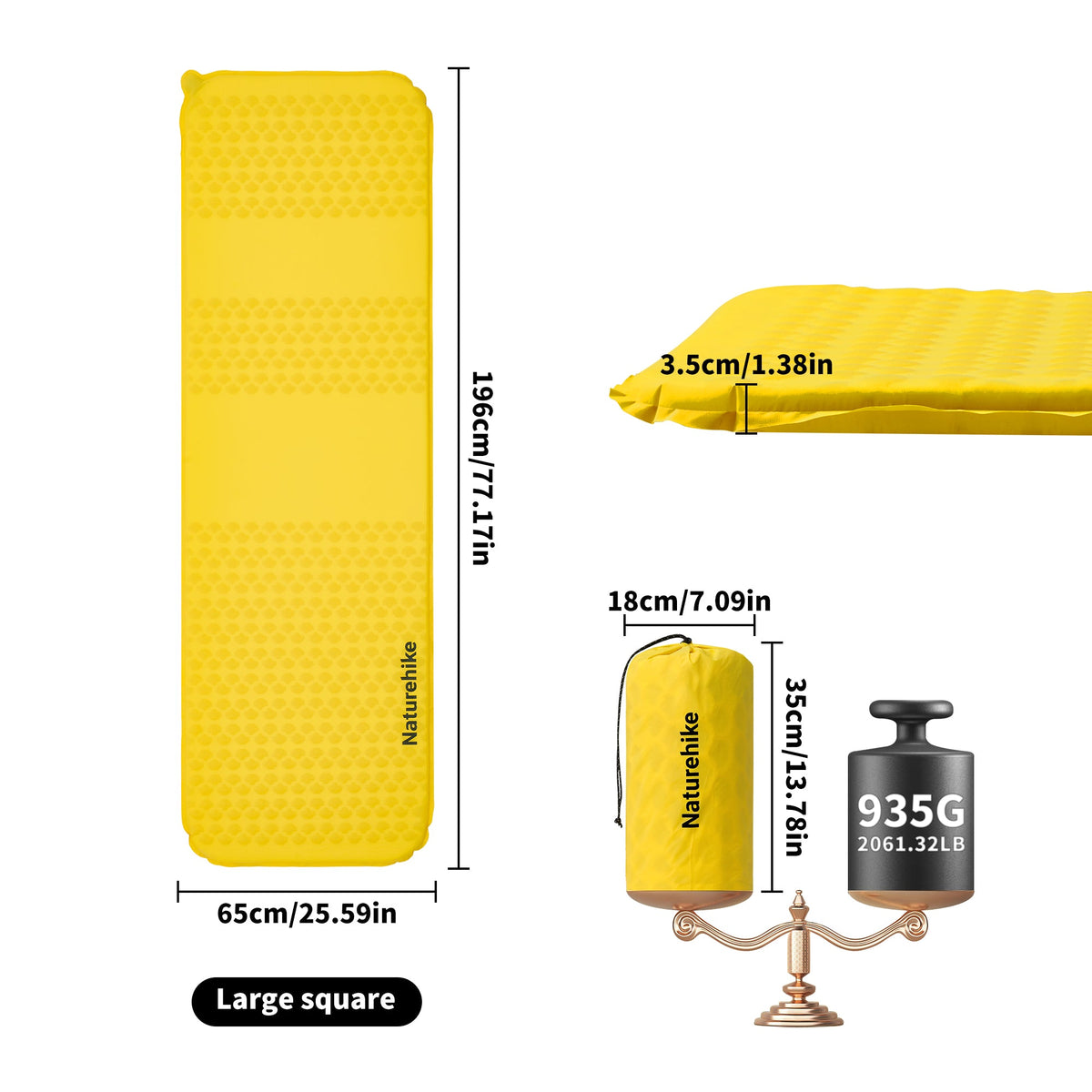 Naturehike Yugu R3.6 Self-Inflating Sleeping Mat — R-Value 3.6, 3.5 cm Foam, from 610 g