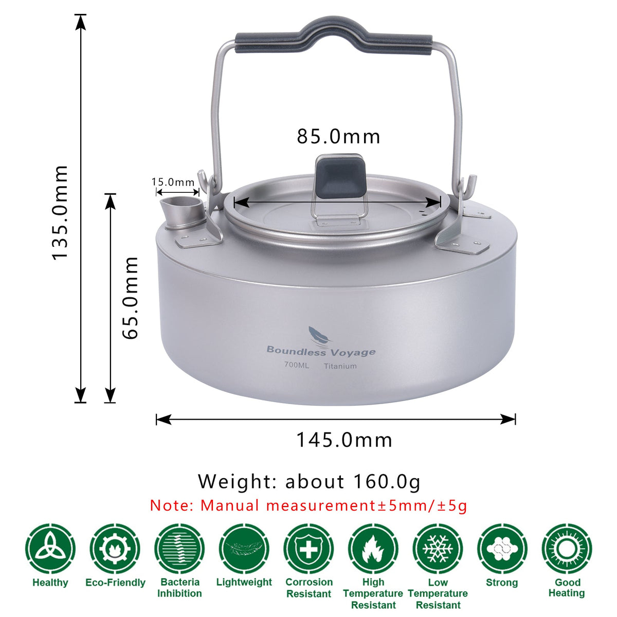 Boundless Voyage Ti3100D Titanium Kettle — 700 ml, 160 g, Folding Handle