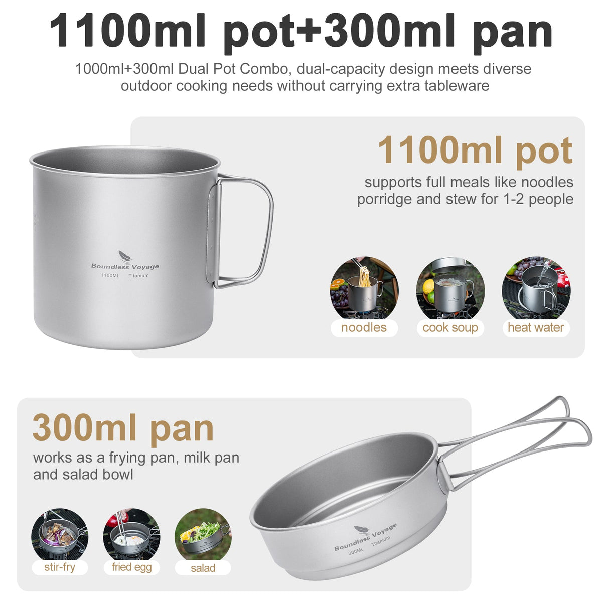 Boundless Voyage Ti2053C Titanium Pot and Pan Set — 1.1 L, Holds a 230 g Canister, 176 g
