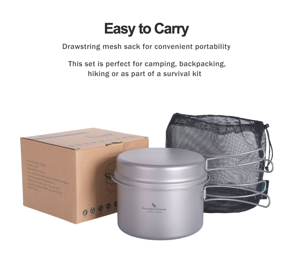Boundless Voyage Ti2110C Titanium Pot and Pan Set — 1.2 L Pot, 500 ml Pan, Fits a 230 g Canister