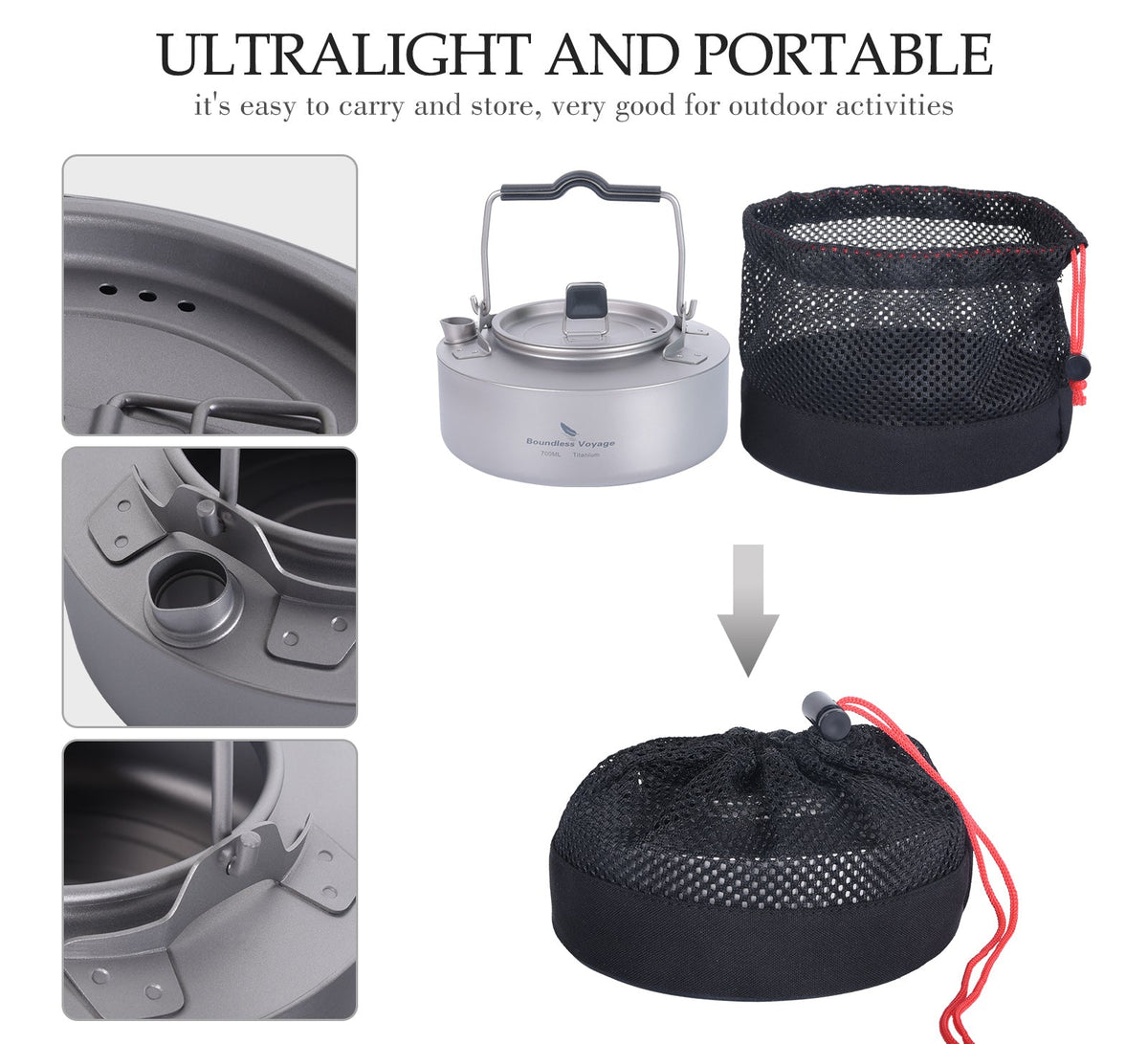 Boundless Voyage Ti3100D Titanium Kettle — 700 ml, 160 g, Folding Handle