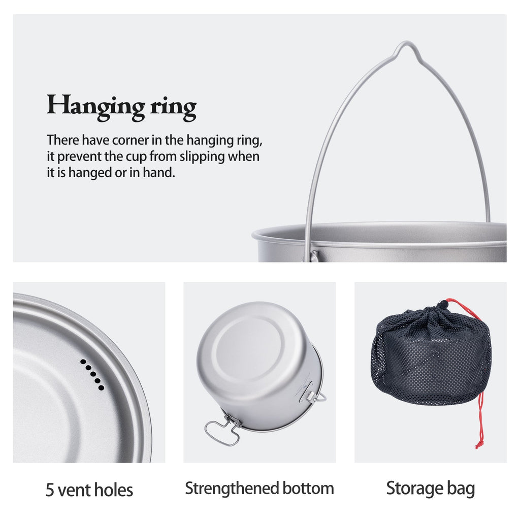 Boundless Voyage Titanium Hanging Pot — 1.95 L or 2.9 L, Bail Handle, Strainer Lid
