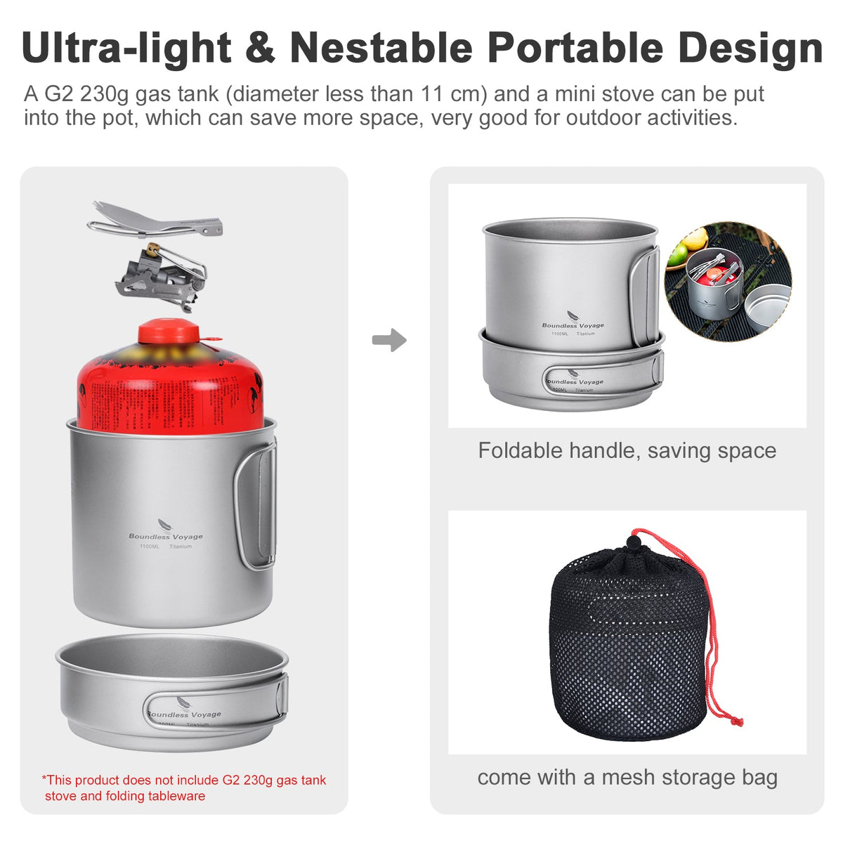 Boundless Voyage Ti2053C Titanium Pot and Pan Set — 1.1 L, Holds a 230 g Canister, 176 g