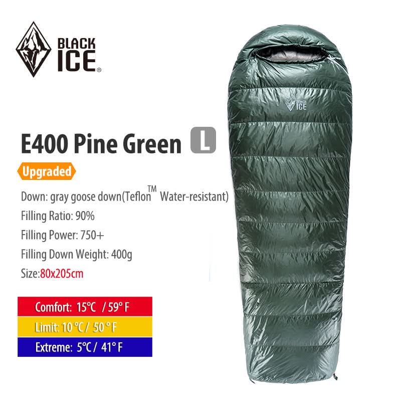 Black Ice E Series Envelope Goose Down Sleeping Bag — Opens Flat as a Quilt (E400 / E700 / E1000)