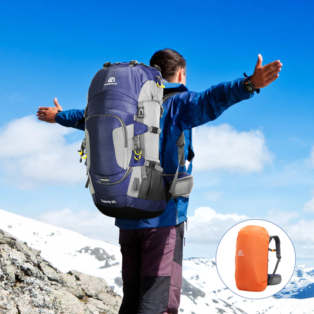 Hiking Backpack 60 L — Padded Hip Belt, Hydration Port, Rain Cover Included