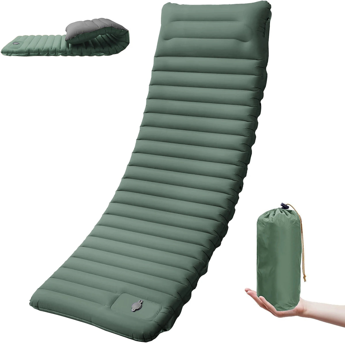 Self-Inflating Camping Mat 10 cm — Foot Pump, Pillow End, 195 × 70 cm, Snaps Into a Double