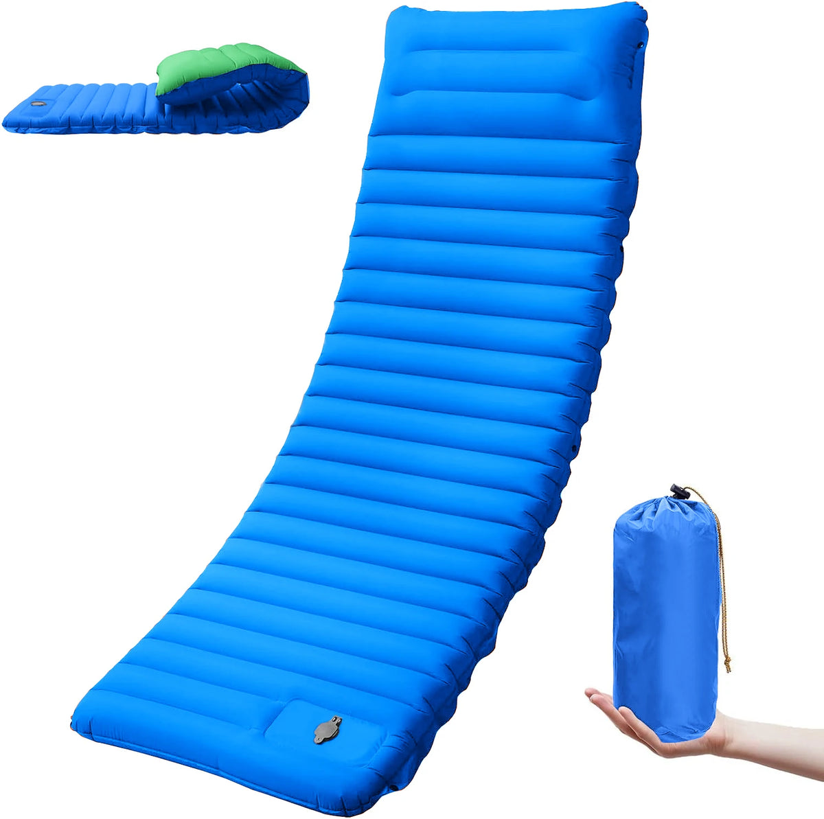 Self-Inflating Camping Mat 10 cm — Foot Pump, Pillow End, 195 × 70 cm, Snaps Into a Double