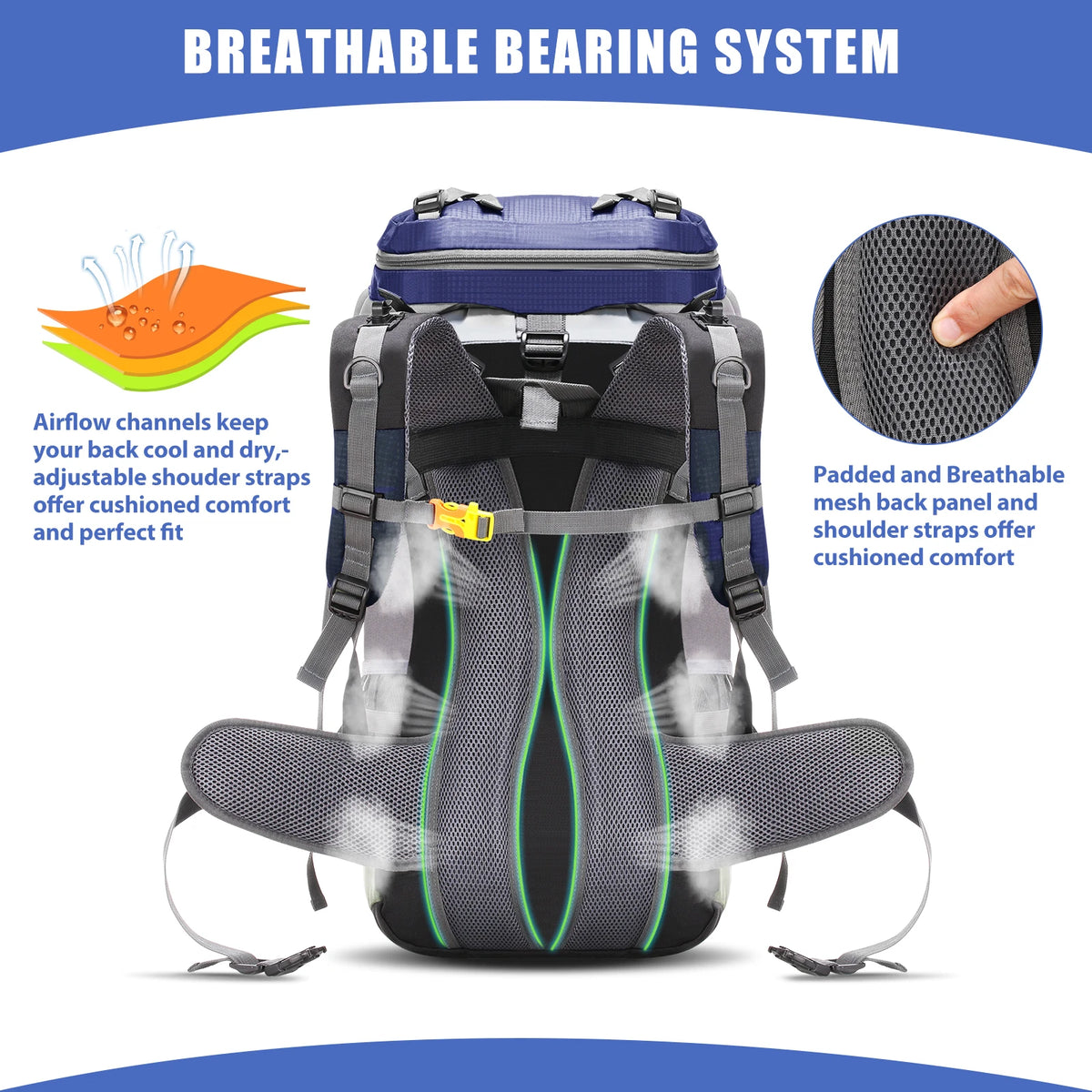 Hiking Backpack 60 L — Padded Hip Belt, Hydration Port, Rain Cover Included