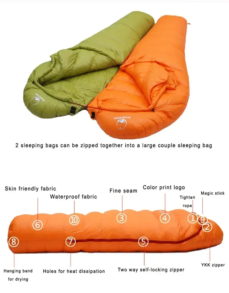 Black Snow Long Goose Down Mummy Bag — 225 cm for Tall Sleepers, 400 to 1,300 g of Down