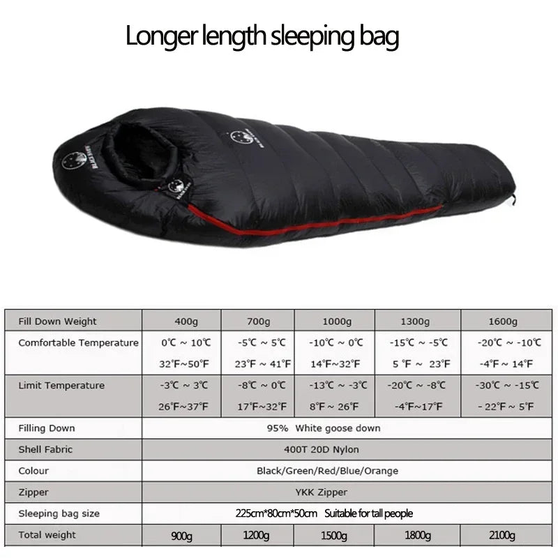 Black Snow Long Goose Down Mummy Bag — 225 cm for Tall Sleepers, 400 to 1,300 g of Down