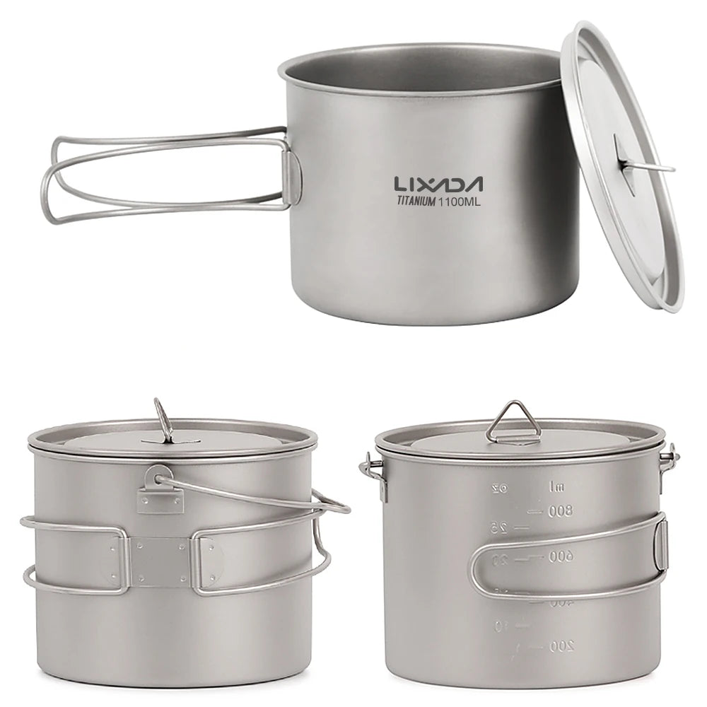Titanium Pot With Lid — 750, 900 or 1,100 ml, 128 to 156 g, Folding Handles