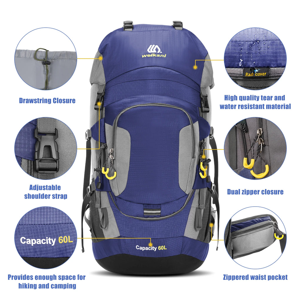 Hiking Backpack 60 L — Padded Hip Belt, Hydration Port, Rain Cover Included