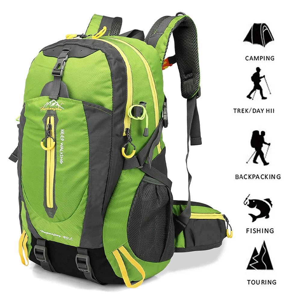 Hiking Backpack 40 L — Water-Repellent Nylon, Padded Back, Hip Belt, Pole and Sleeping Bag Straps
