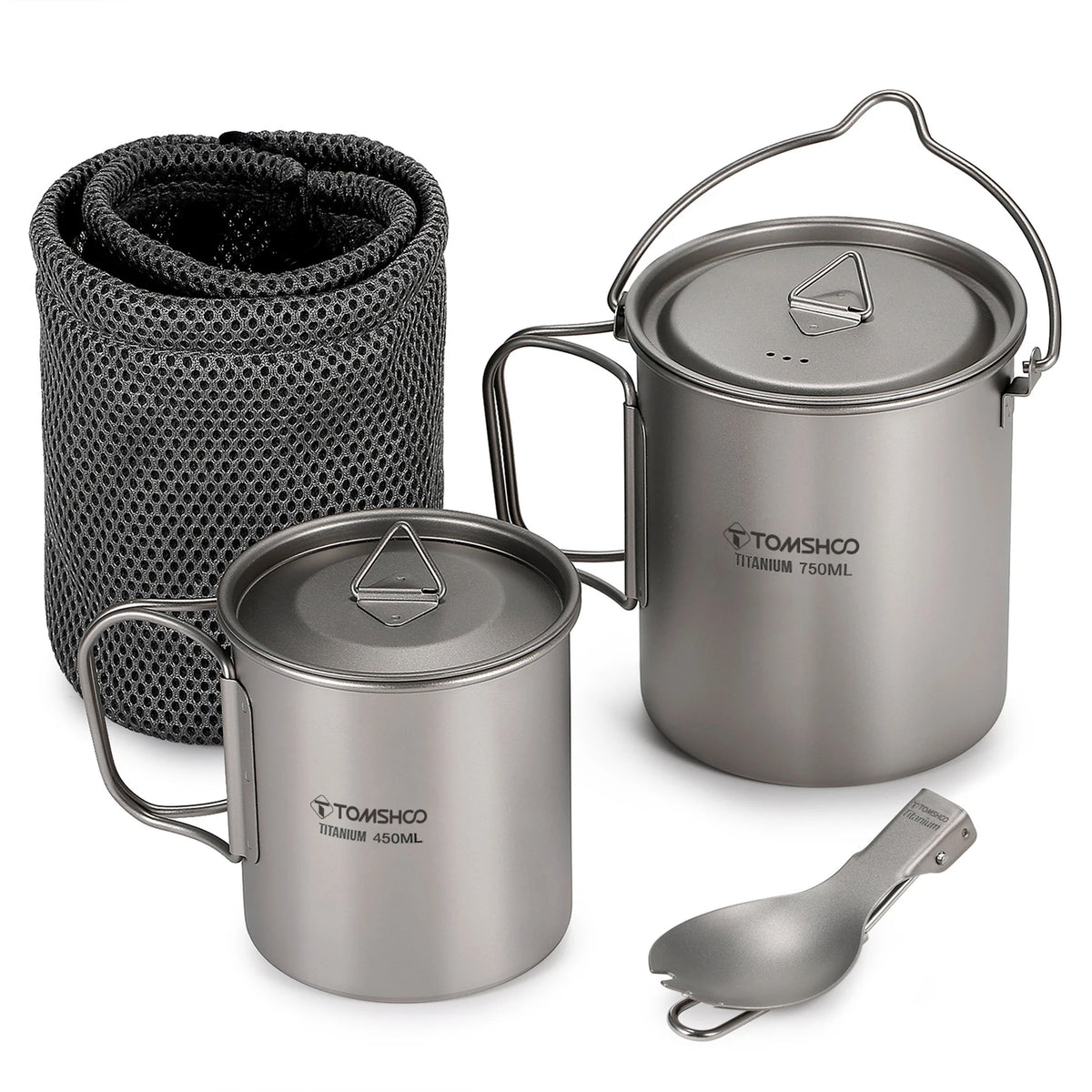 Titanium Cook Set — 750 ml Pot, 450 ml Mug and Spork, Nests in One Mesh Bag