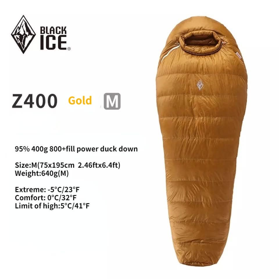 Black Ice Z400 Ultralight Down Sleeping Bag — 800+FP Water-Resistant Goose, 400 g Fill, 10D Shell