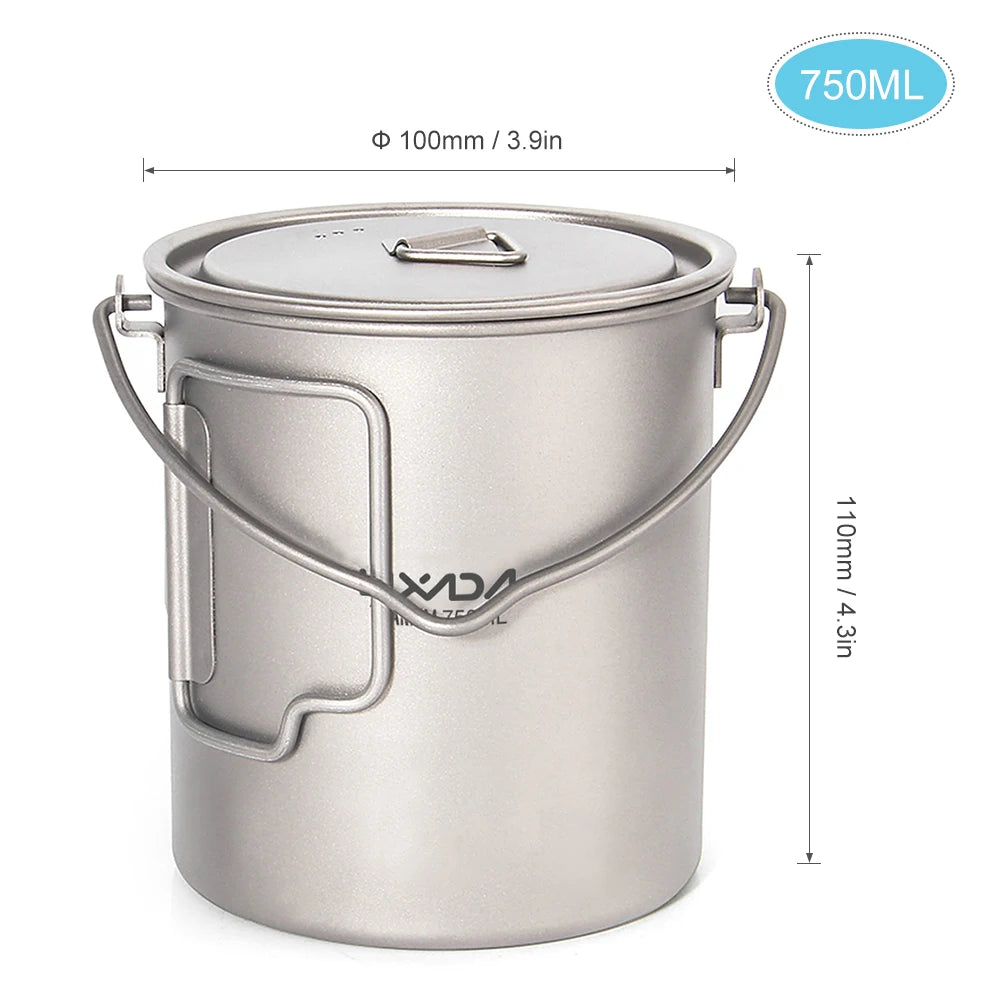 Titanium Pot With Lid — 750, 900 or 1,100 ml, 128 to 156 g, Folding Handles
