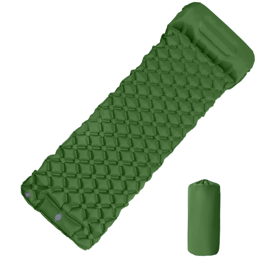 Inflatable Sleeping Pad With Pillow — Built-In Foot Pump, 190 × 60 cm, About 600 g