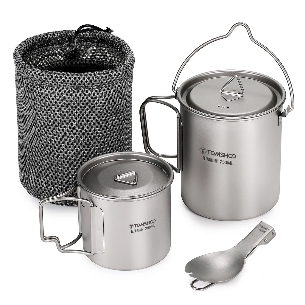 Titanium Cook Set — 750 ml Pot, 450 ml Mug and Spork, Nests in One Mesh Bag