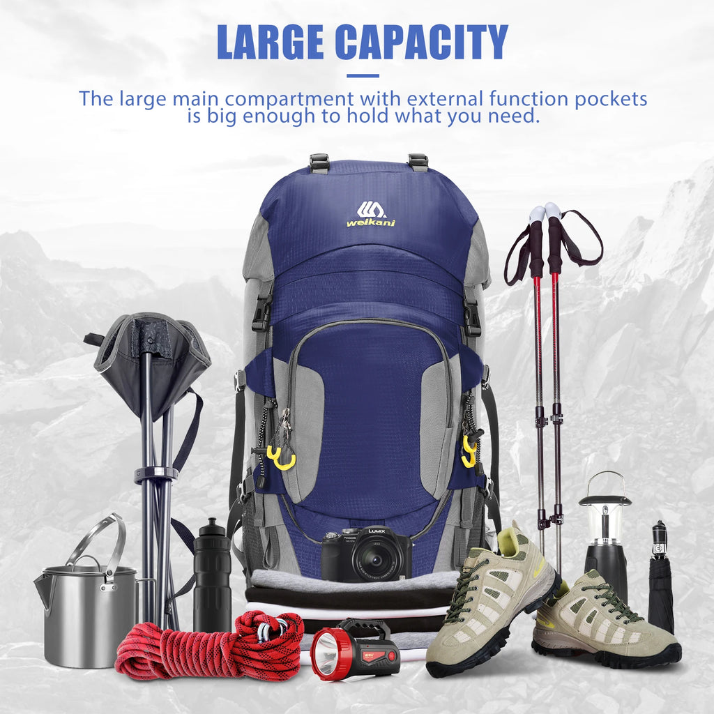 Hiking Backpack 60 L — Padded Hip Belt, Hydration Port, Rain Cover Included