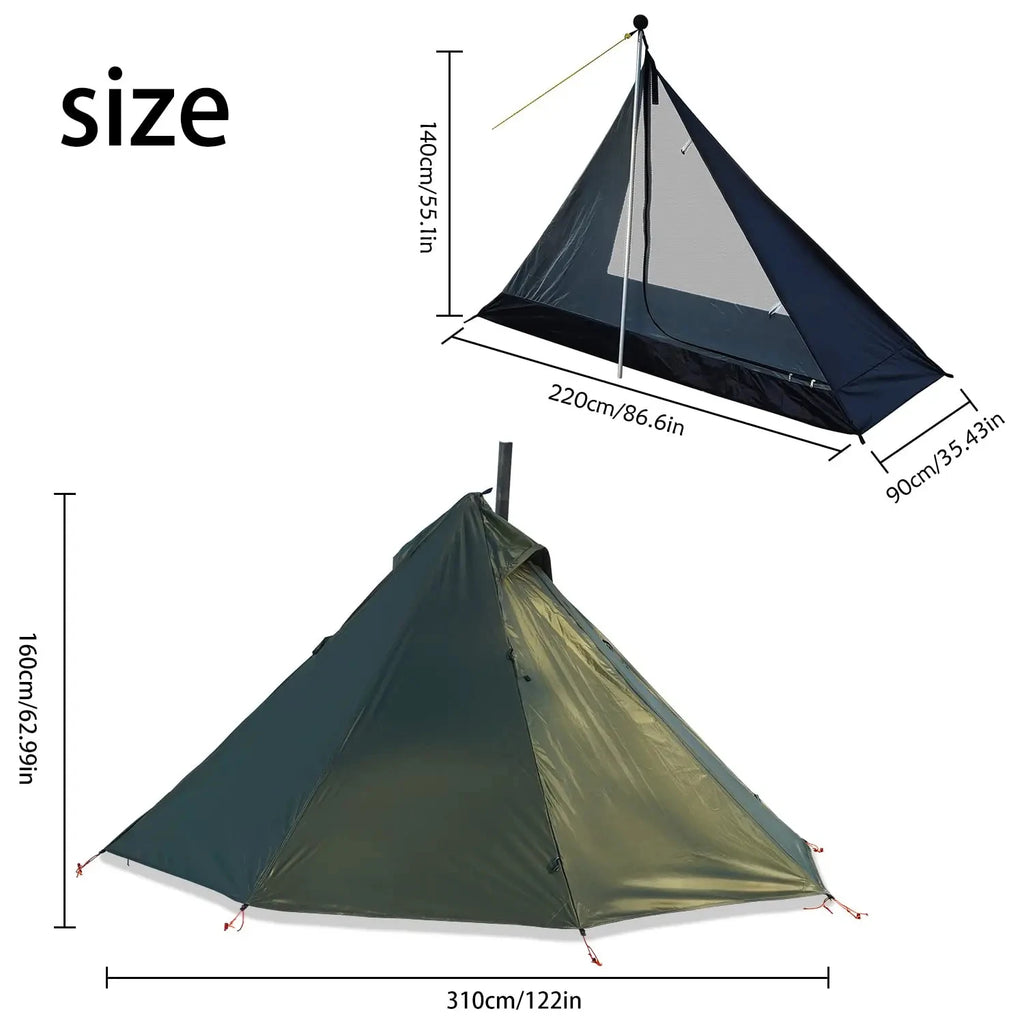 1 Person Pyramid Hot Tent — Stove Jack, Two Doors, 210T Silver-Coated Fly, Aluminium Pole