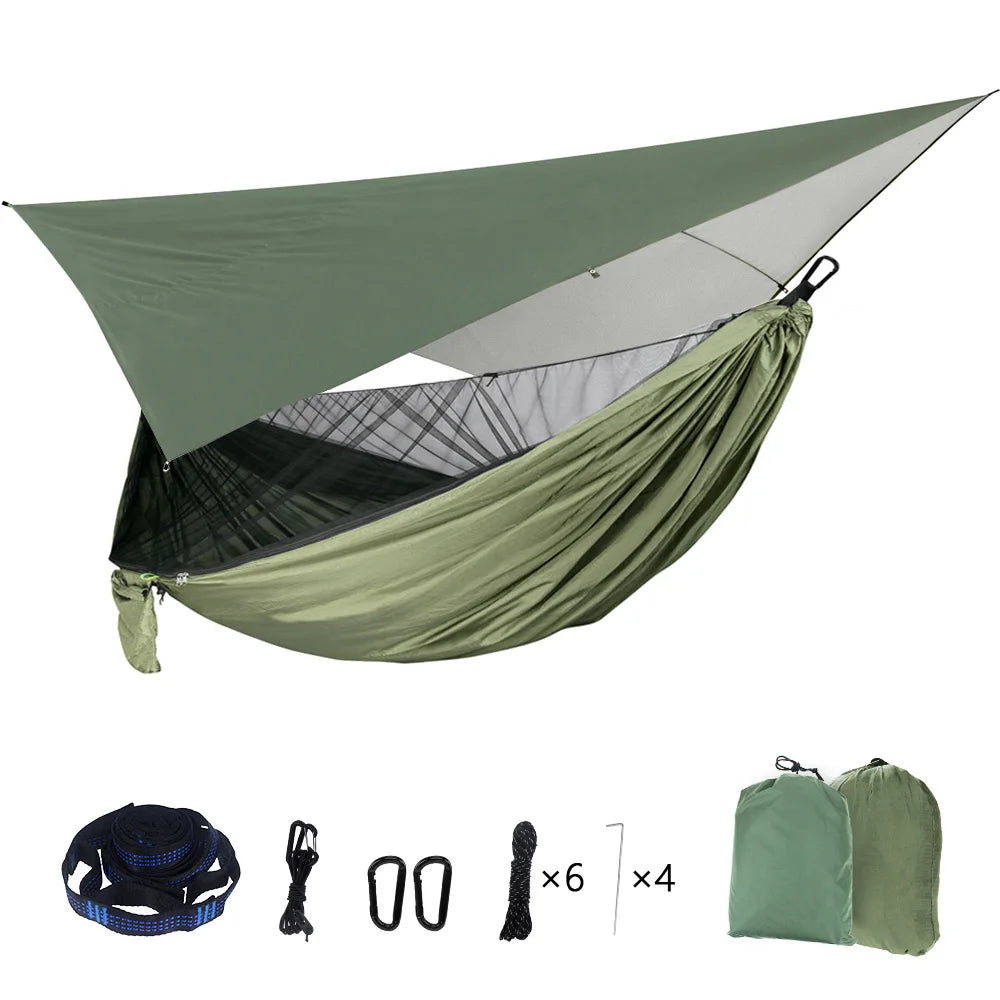 Hammock With Mosquito Net and Rain Fly — 290 × 140 cm, 850 g, 230 × 210 cm PU 2000 mm Fly