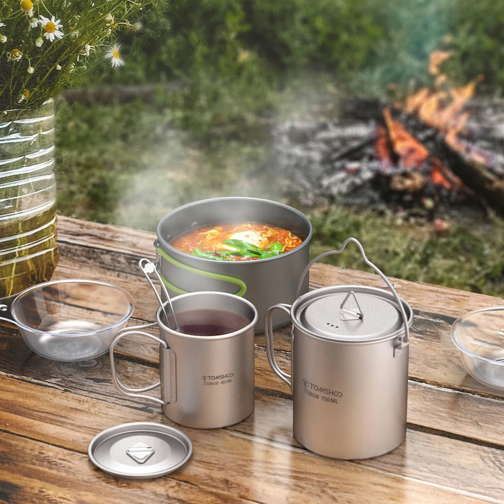 Titanium Cook Set — 750 ml Pot, 450 ml Mug and Spork, Nests in One Mesh Bag