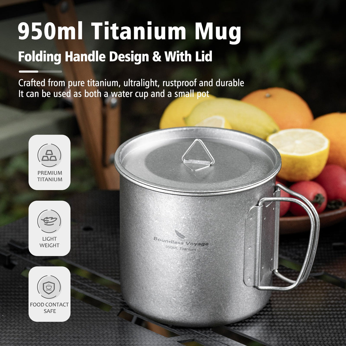 Boundless Voyage Ti3043D Titanium Mug with Lid — 950 ml, 158 g, Crystalline Finish