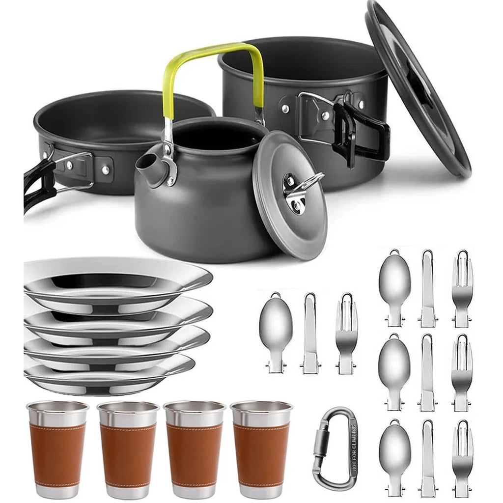 Camp Cookset for Four — Pot, Frying Pan, Kettle, Plates, Cups and Cutlery, Hard-Anodised Aluminium