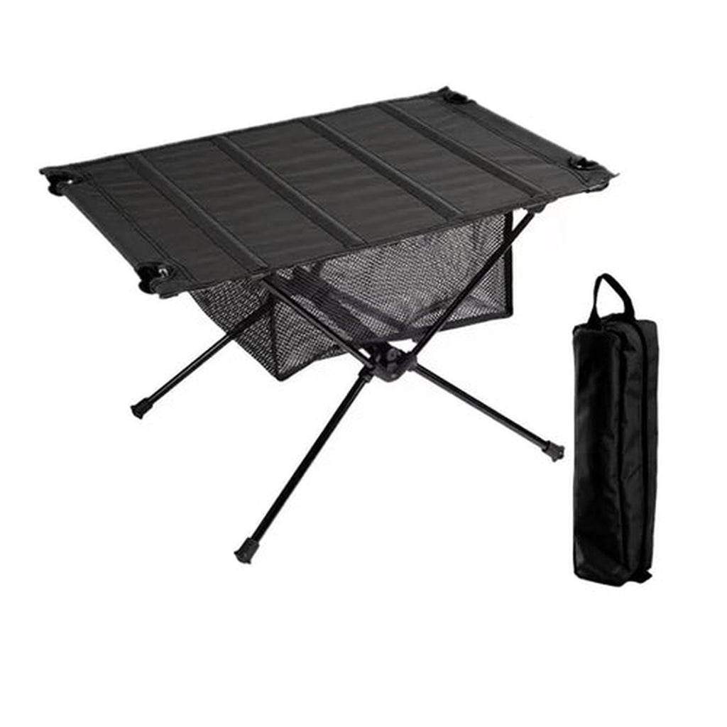 Roll-Up Camp Table — 800 g, 59 × 40 cm, Aluminium Frame, Optional Mesh Shelf