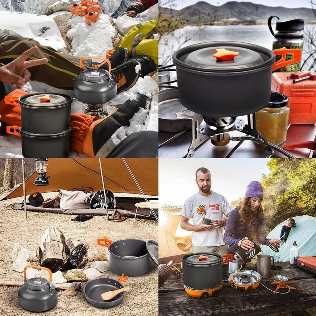 Camp Cookset for Four — Pot, Frying Pan, Kettle, Plates, Cups and Cutlery, Hard-Anodised Aluminium