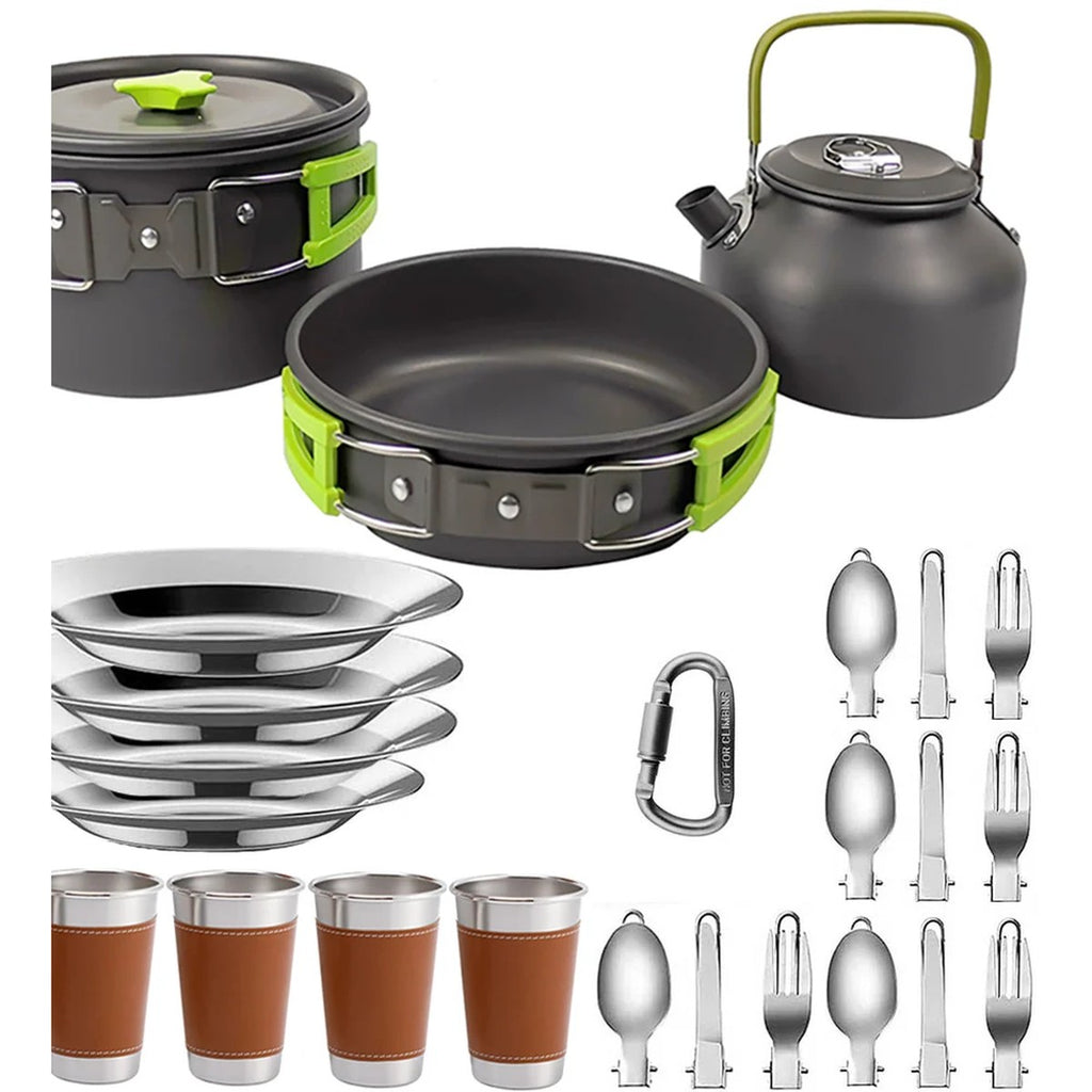 Camp Cookset for Four — Pot, Frying Pan, Kettle, Plates, Cups and Cutlery, Hard-Anodised Aluminium
