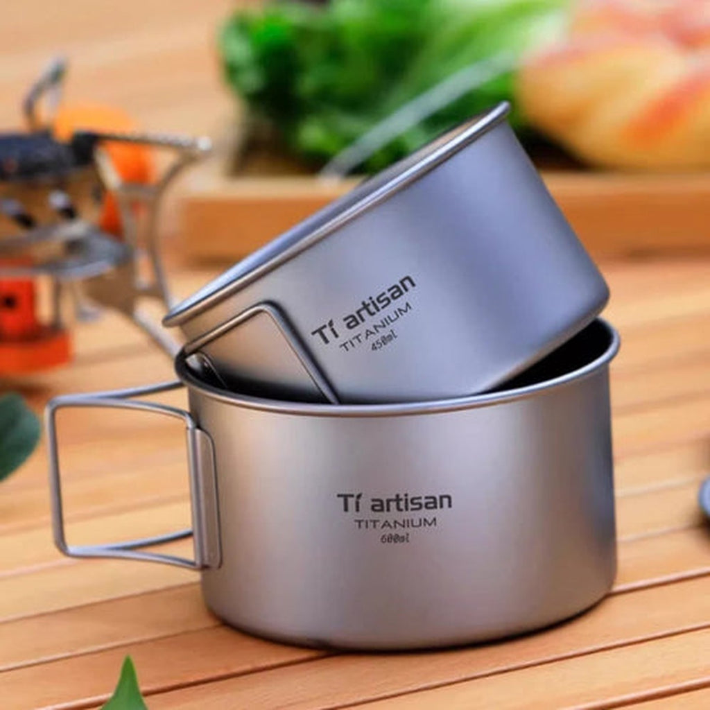 Titanium Bowl With Folding Handles — 450 or 600 ml, Pure Titanium, Stove-Safe