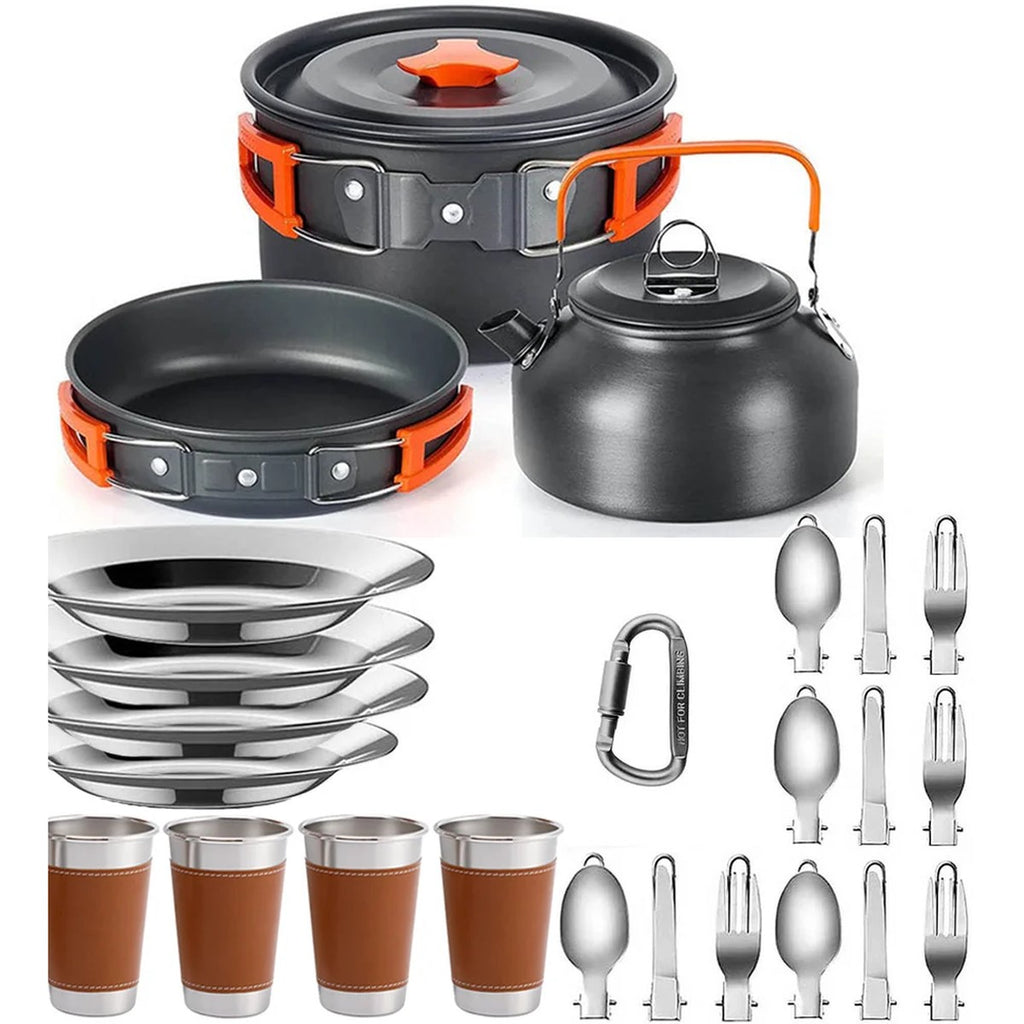 Camp Cookset for Four — Pot, Frying Pan, Kettle, Plates, Cups and Cutlery, Hard-Anodised Aluminium