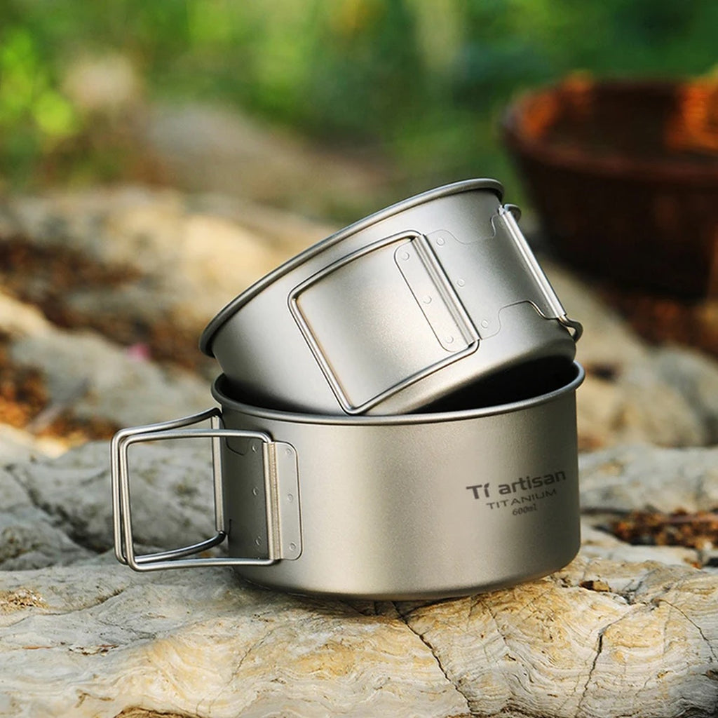 Titanium Bowl With Folding Handles — 450 or 600 ml, Pure Titanium, Stove-Safe