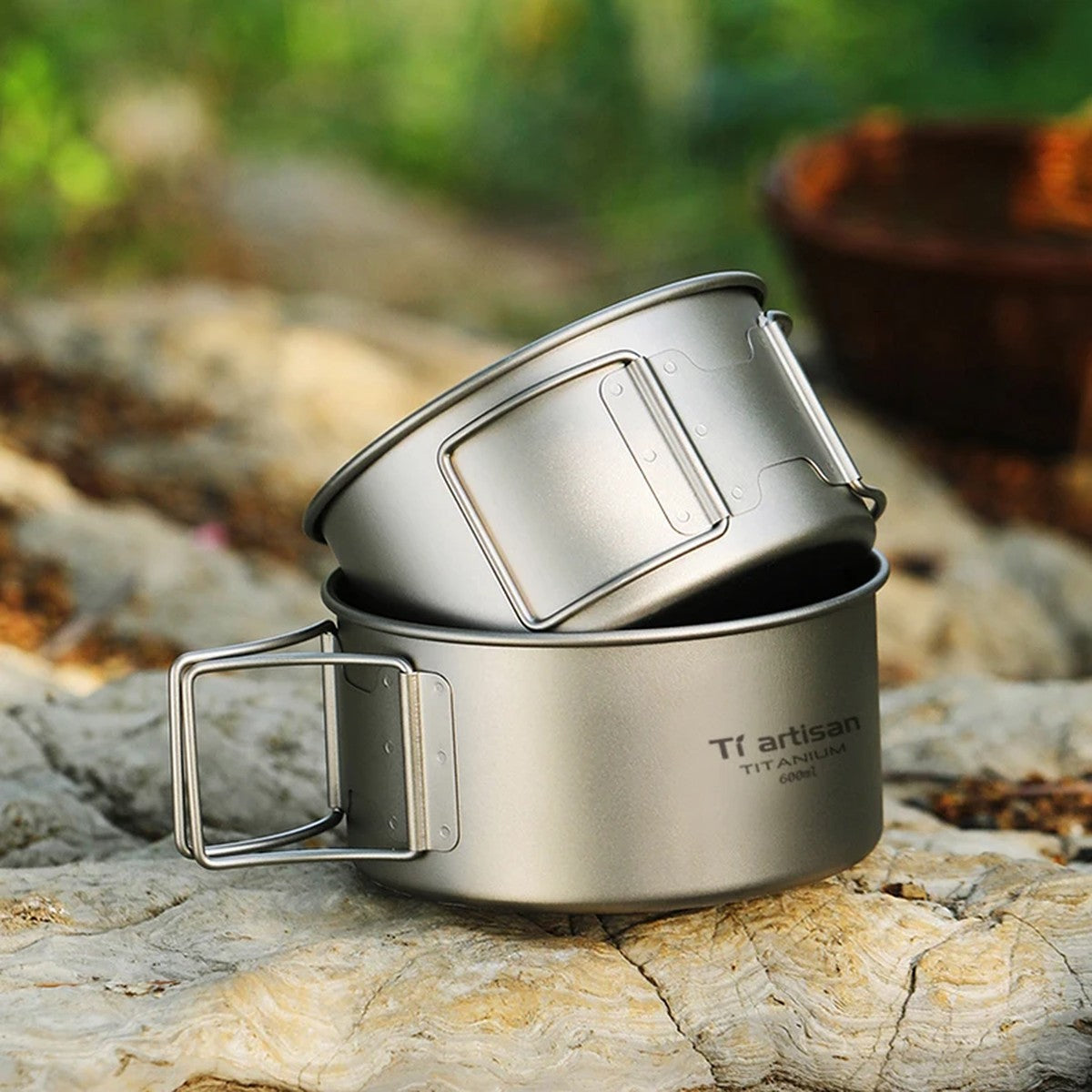 Titanium Bowl With Folding Handles — 450 or 600 ml, Pure Titanium, Stove-Safe