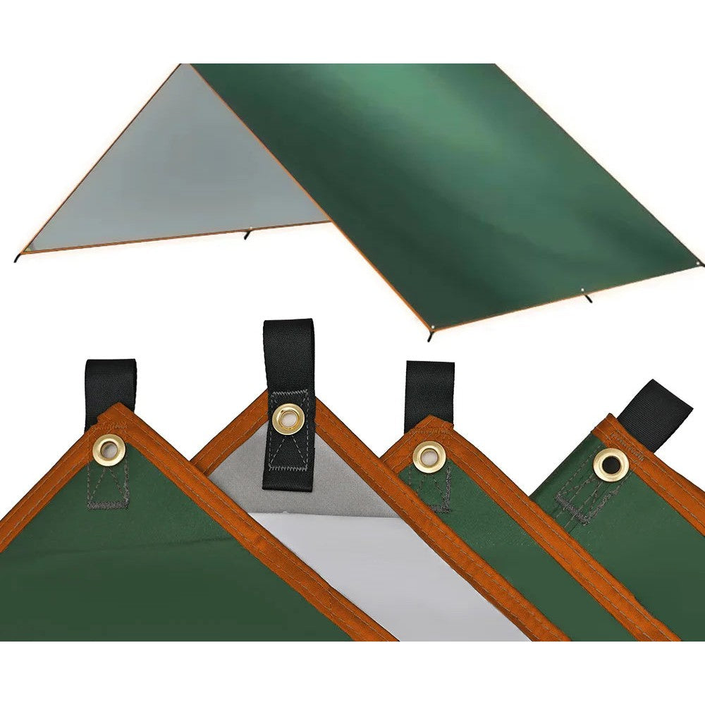 Waterproof Camping Tarp — Silver-Coated 190T, PU 3500 mm, UV Block, 3 × 3 m to 4 × 4 m